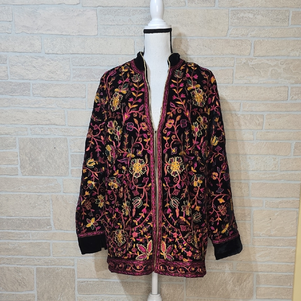 NWT Soft Surroundings Astrid Velvet Embroidered Jacket XL Boho Luxe Stand Collar